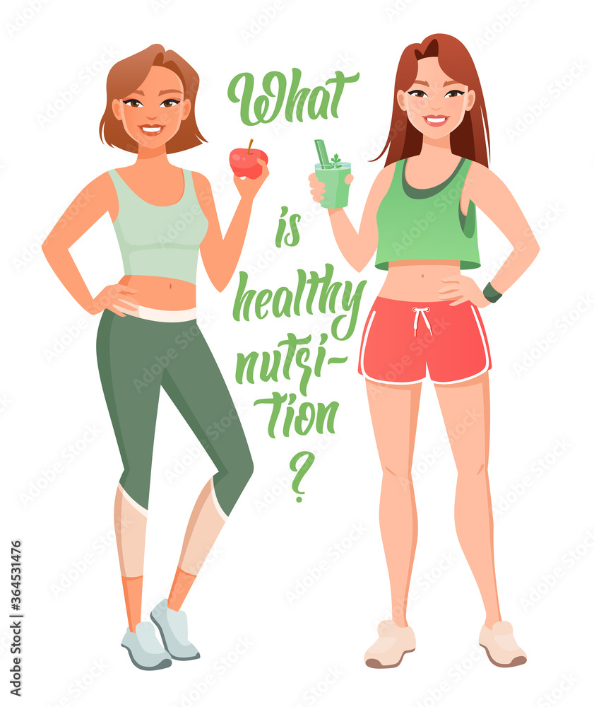 Two sportive girls with healthy food in hands. Healthy nutrition vector illustration. Two sportive girls with healthy food in hands. Healthy nutrition vector illustration.