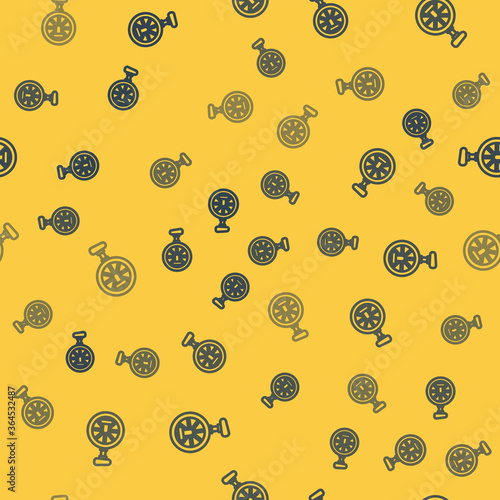 Blue line Unicycle or one wheel bicycle icon isolated seamless pattern on yellow background. Monowheel bicycle. Vector Illustration.