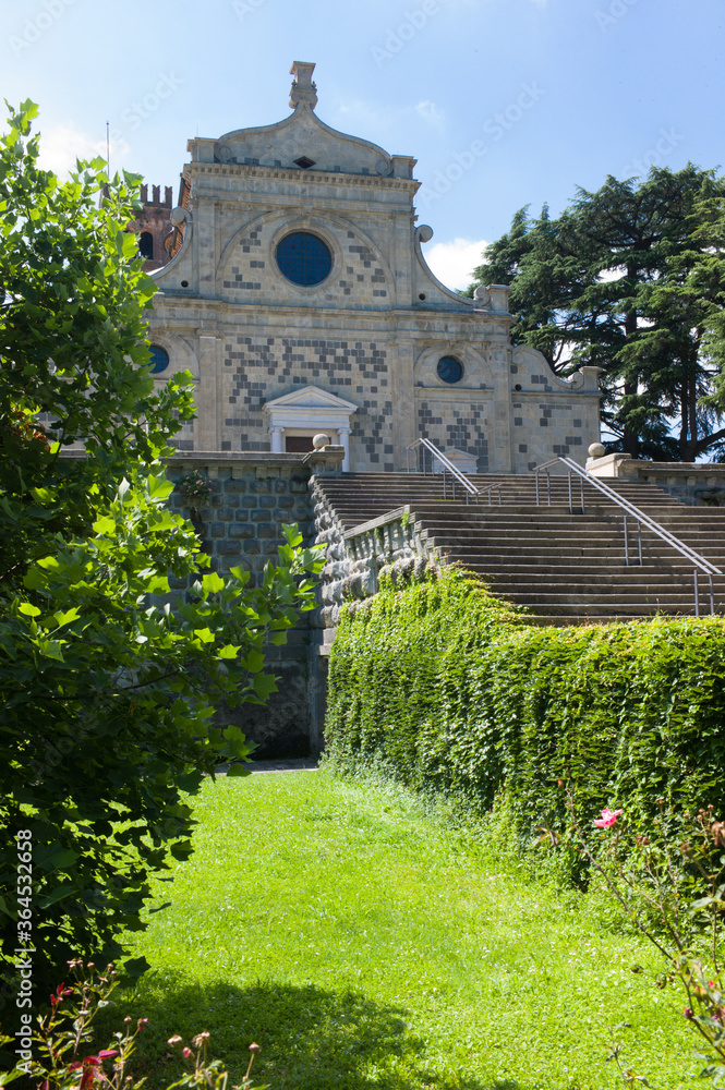 Front view from garden of the Abbazia di Praglia (Praglia Abbey) in the province of Padua at the foot of the Euganean Hills in Italy. Vertical image