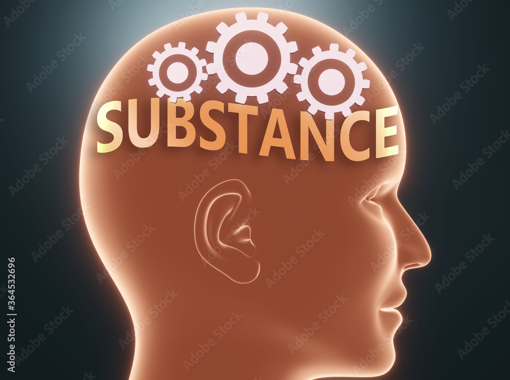 Substance inside human mind - pictured as word Substance inside a head with cogwheels to symbolize that Substance is what people may think about and that it affects their behavior, 3d illustration Substance inside human mind - pictured as word Substance inside a head with cogwheels to symbolize that Substance is what people may think about and that it affects their behavior, 3d illustration