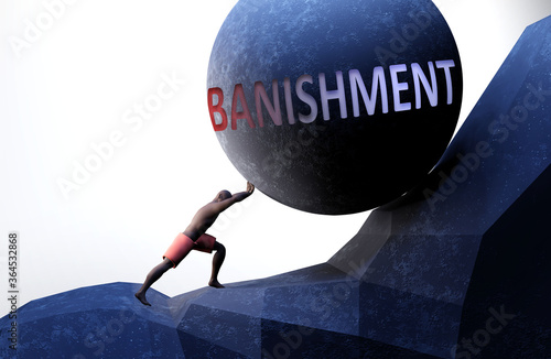 Banishment as a problem that makes life harder - symbolized by a person pushing weight with word Banishment to show that Banishment can be a burden that is hard to carry, 3d illustration