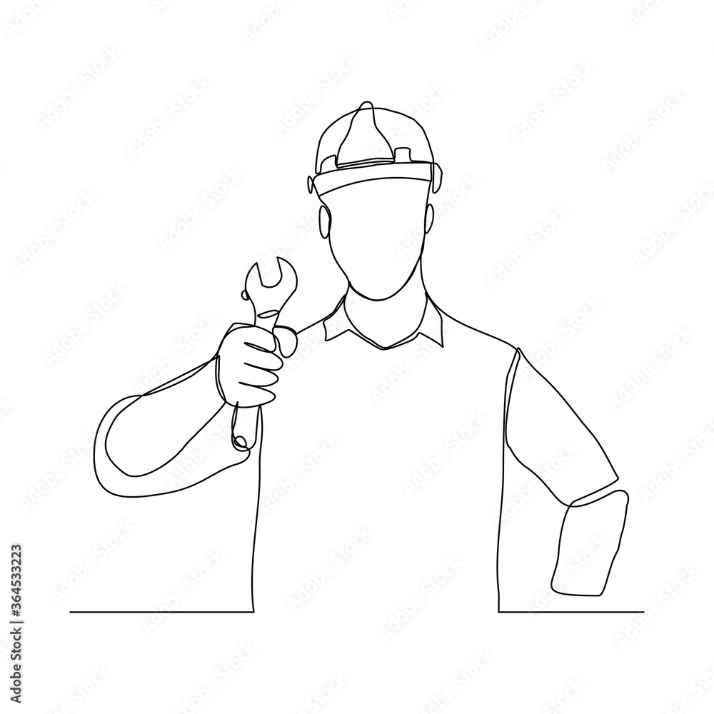 Continuous line drawing of mechanic technician man holding wrnech to repair. Vector illustration