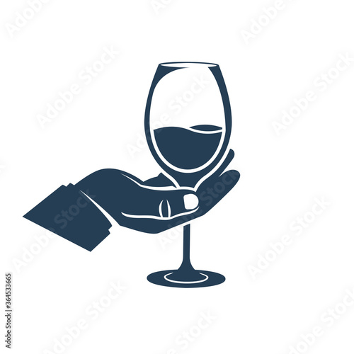 Black icon wineglass with a drink in hand. Silhouette alcoholic drinks. Vector illustration flat design. Isolated on white background.