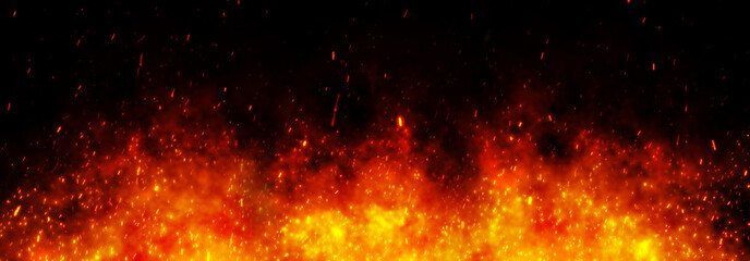 Fire embers particles over black black background. Fire sparks background. Abstract dark glitter fire particles lights.	