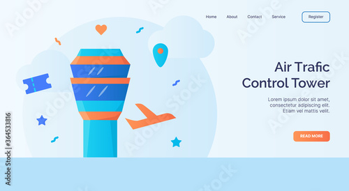 Air traffic control tower icon campaign for web website home homepage landing template banner with cartoon flat style