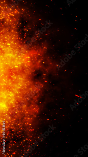 Fire particles over black black background. Fire sparks background. Abstract dark glitter fire particles lights. 