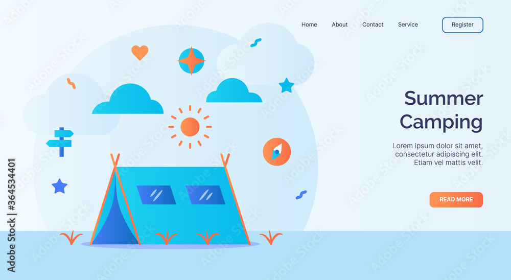 Summer camping tent compass sun icon campaign for web website home homepage landing template banner with cartoon flat style Summer camping tent compass sun icon campaign for web website home homepage landing template banner with cartoon flat style