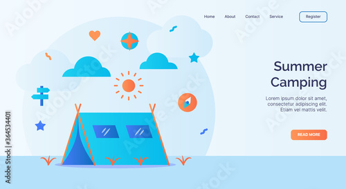 Summer camping tent compass sun icon campaign for web website home homepage landing template banner with cartoon flat style