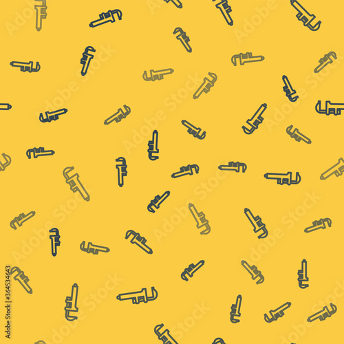 Blue line Calliper or caliper and scale icon isolated seamless pattern on yellow background. Precision measuring tools. Vector Illustration.