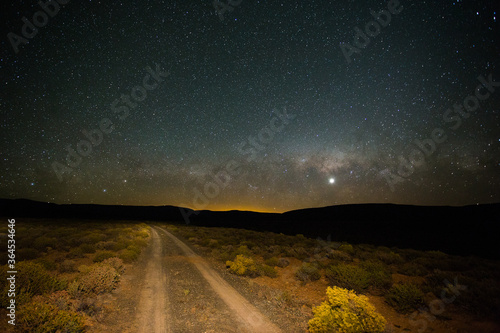 Photography Wide angle view of a two track road in the Karoo at night with the milky way in