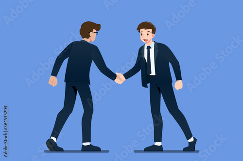 Happy confident businessman character are shaking hand each other. Business people first meeting and greeting with firm handshake in  business partnership concept. Flat character vector illustration.