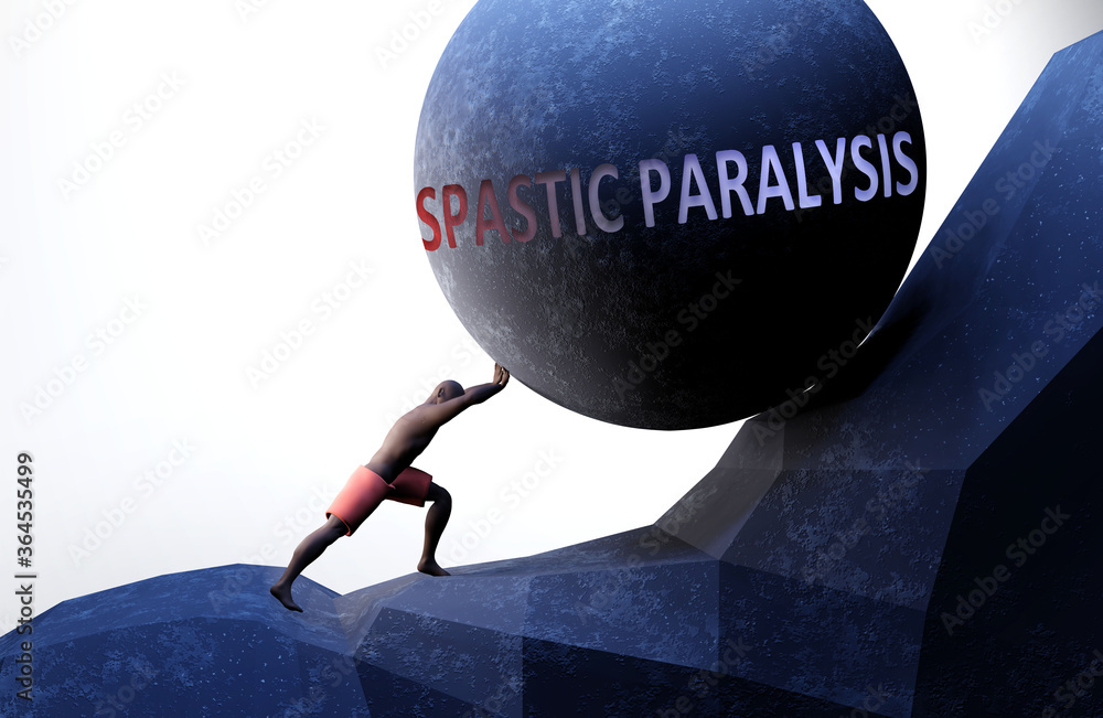 Spastic paralysis as a problem that makes life harder - symbolized by a person pushing weight with word Spastic paralysis to show that it can be a burden, 3d illustration