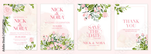 Wedding floral golden invitation card save the date design with pink flowers