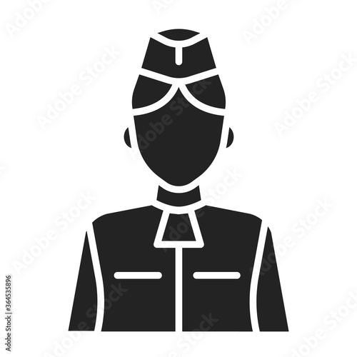 Stewardess black glyph icon. Member of an aircrew employed by airlines aboard commercial flights. Pictogram for web page, mobile app, promo. UI UX GUI design element.