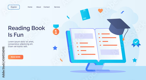 Reading book is fun open book toga icon campaign for web website home homepage landing template banner with cartoon flat style.