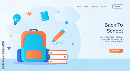 Back to school backpack pencil book icon campaign for web website home homepage landing template banner with cartoon flat style.