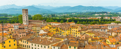 A view from the Guinigi Tower towards the Amphitheatre Square in Lucca, Italy in summer