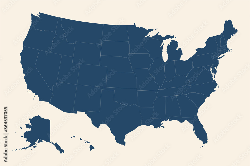 USA map with detailed provinces. Cyan blue, cream white background.