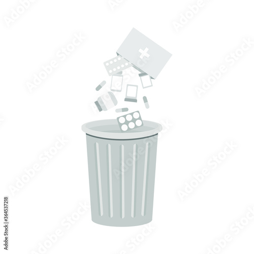 Throw medicine into the trash can. Vector illustration, flat cartoon design isolated on white background, eps 10.