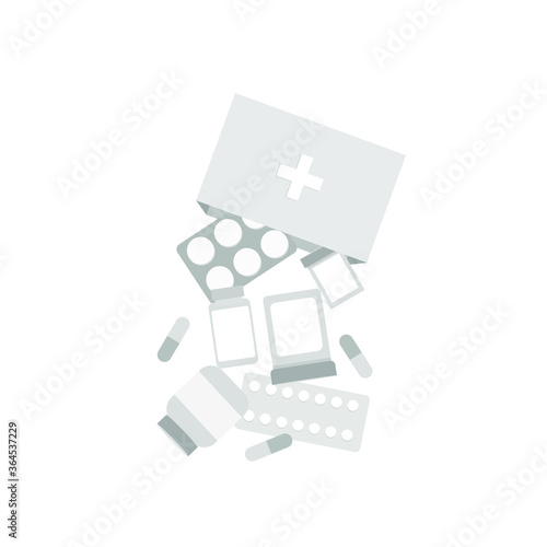 The pharmacy box is turned upside down, medicines, tablets, vials fall to the floor. Vector illustration, flat cartoon design isolated on white background, eps 10.