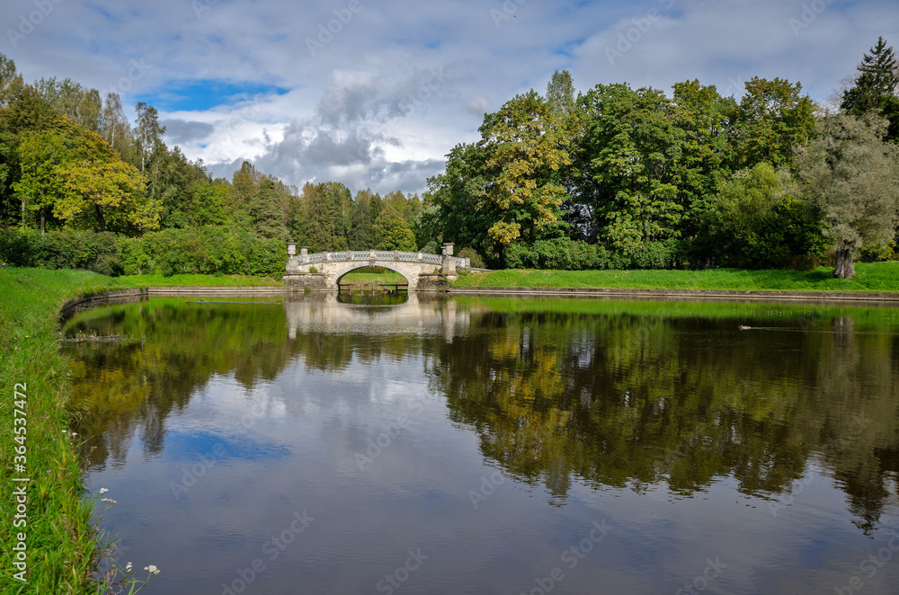 Green garden with a lake. Summer courtyard with lawn. Beautiful summer landscape landscape park. Nature for background on postcard.