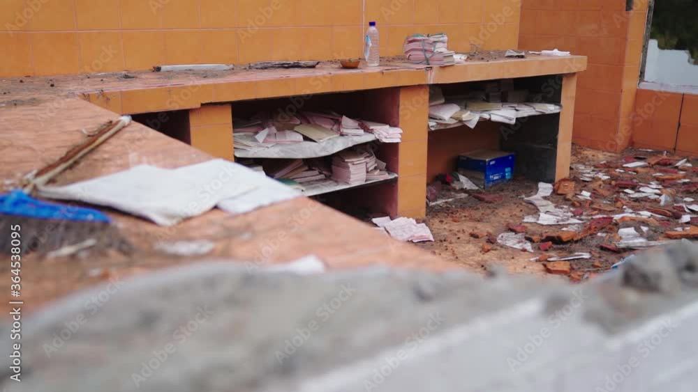 Rubble, ash, and other debris in Gili Islands after the earthquake. Old restaurant in gili meno, lombok, indonesia