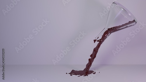 Inclined test tube with pouring red liquid. Scattering scientific chemical fluid
