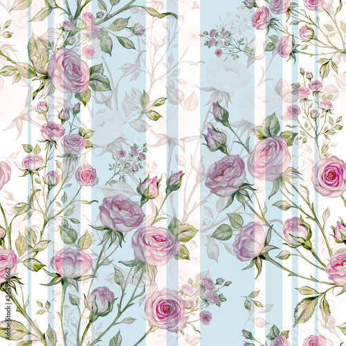 Great print for your design and decor. Seamless pattern of bouquets of roses drawn by pencil and paints on paper.