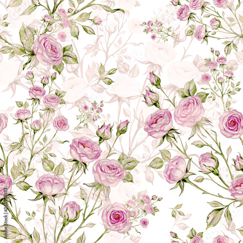 Great print for your design and decor. Seamless pattern of bouquets of roses drawn by pencil and paints on paper.