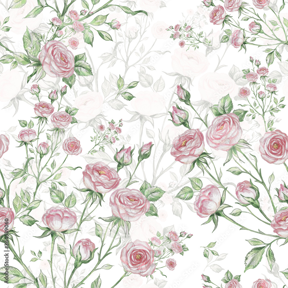 Great print for your design and decor. Seamless pattern of bouquets of roses drawn by pencil and paints on paper. Great print for your design and decor. Seamless pattern of bouquets of roses drawn by pencil and paints on paper.