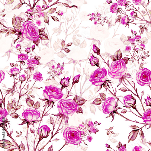 Great print for your design and decor. Seamless pattern of bouquets of roses drawn by pencil and paints on paper.
