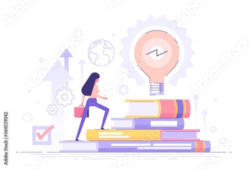Businesswoman climbs on a stack of books to knowledge. Education and professional career concept. MBA. Modern vector illustration.