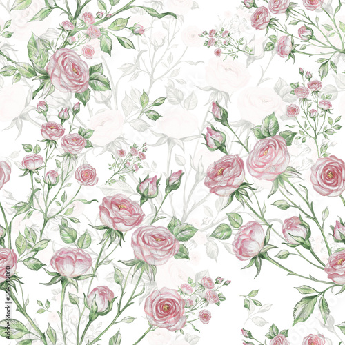 Great print for your design and decor. Seamless pattern of bouquets of roses drawn by pencil and paints on paper. © Irina Chekmareva
