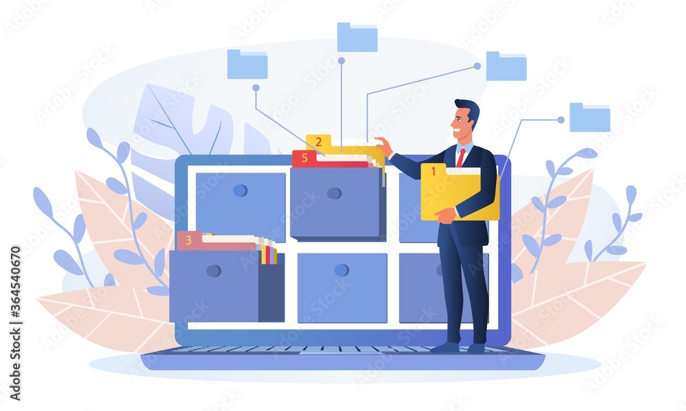 Businessman using an online database for market or business research or inputting information, colored vector illustration