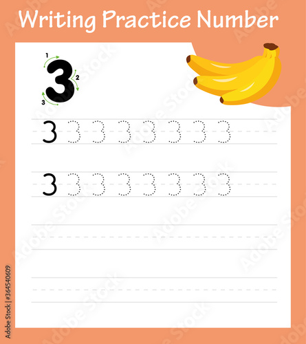 Printable math worksheet for kindergarten children to improve writing skills. Number three tracing practice worksheet with 3 bananas