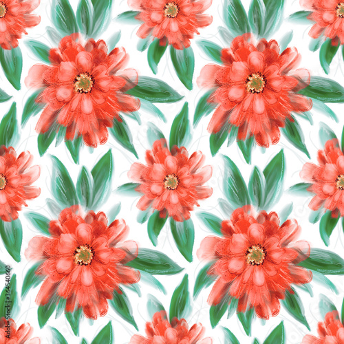 Seamless pattern with pink chrysanthemum. Created with digital brushes. Free hand drawing without reference 