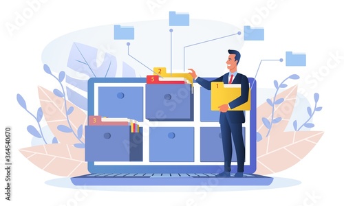 Businessman using an online database for market or business research or inputting information, colored vector illustration