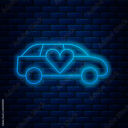 Glowing neon line Luxury limousine car icon isolated on brick wall background. For world premiere celebrities and guests poster. Vector.