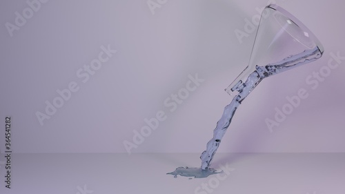 Inclined test tube with pouring blue transparent liquid. Scattering scientific chemical fluid