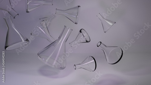 Many flying empty test tubes are broken. Scientific and chemical equipment falls under flowing water. Chemistry for children is fun!