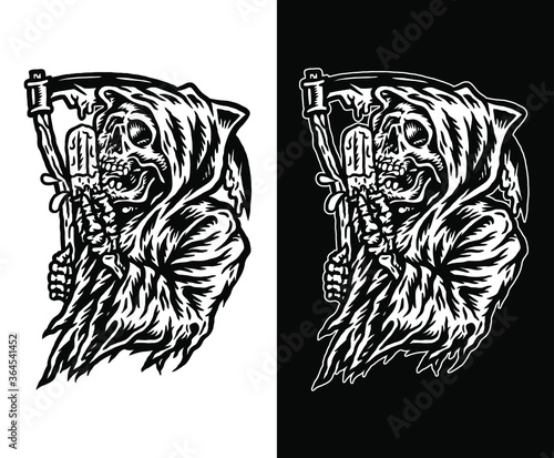 Grim reaper eating ice cream, isolated on dark and bright background