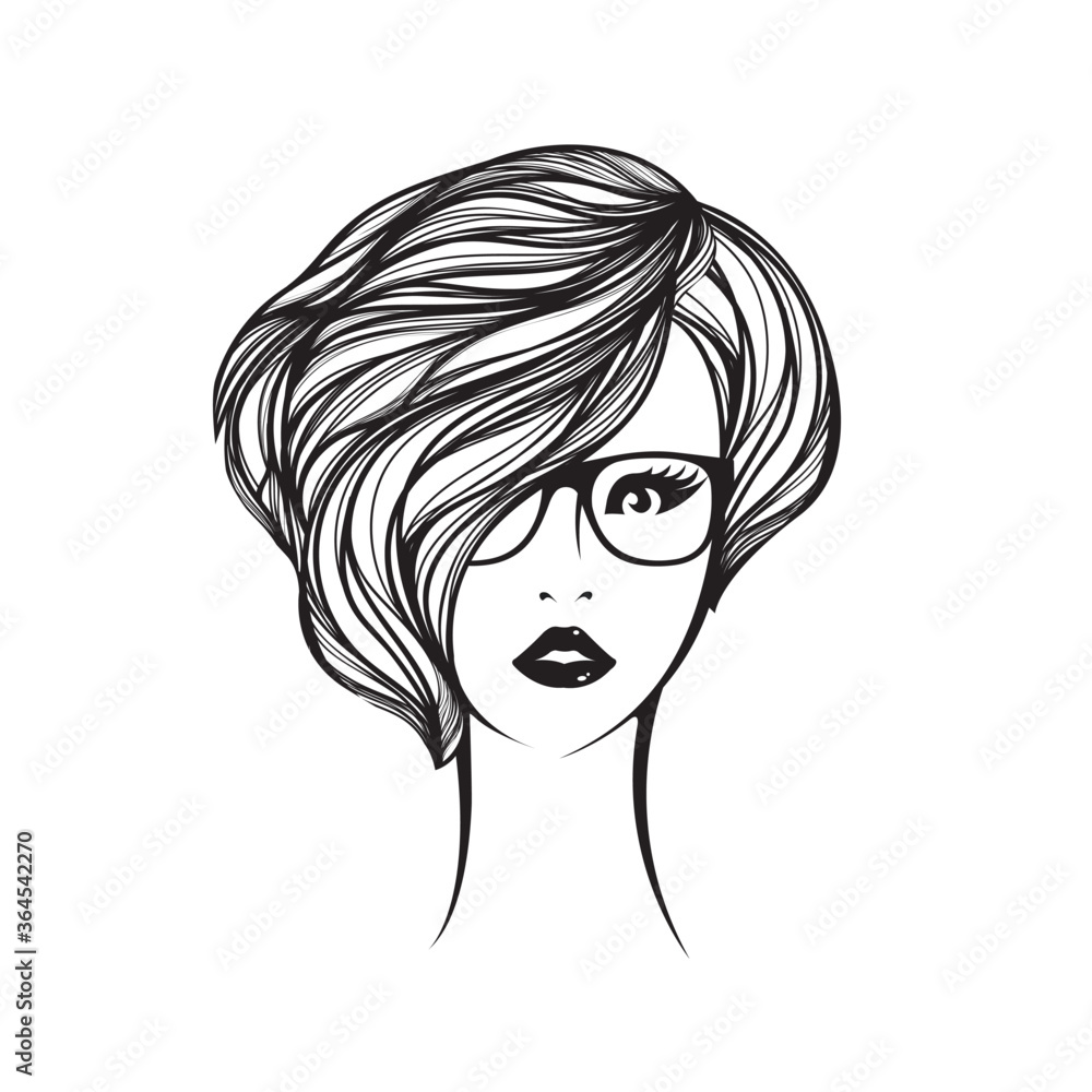 Beautiful woman with short haircut, wavy hairstyle and elegant makeup.Hair salon and beauty studio logo.Young lady with eyeglasses.Fashion, cosmetics and spa icon.Pretty girl portrait. Beautiful woman with short haircut, wavy hairstyle and elegant makeup.Hair salon and beauty studio logo.Young lady with eyeglasses.Fashion, cosmetics and spa icon.Pretty girl portrait.