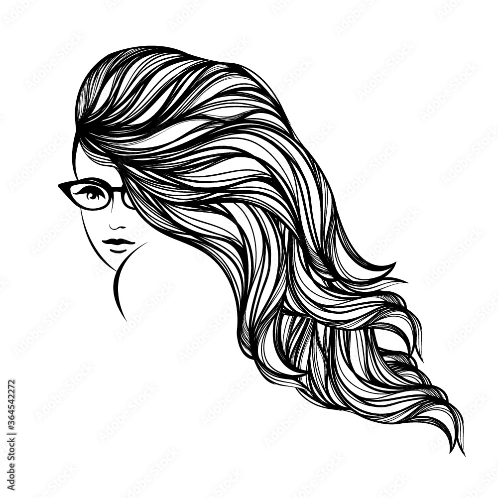 Beautiful woman with long hair, wavy hairstyle and elegant makeup.Hair salon and beauty studio logo.Young lady with eyeglasses.Fashion, cosmetics and spa icon.Pretty girl portrait. Beautiful woman with long hair, wavy hairstyle and elegant makeup.Hair salon and beauty studio logo.Young lady with eyeglasses.Fashion, cosmetics and spa icon.Pretty girl portrait.