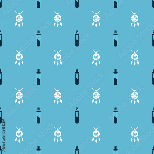 Set Bottle with love potion and Dream catcher with feathers on seamless pattern. Vector.