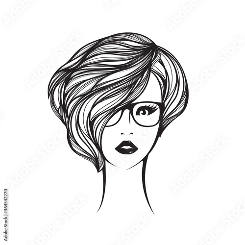 Beautiful woman with short haircut, wavy hairstyle and elegant makeup.Hair salon and beauty studio logo.Young lady with eyeglasses.Fashion, cosmetics and spa icon.Pretty girl portrait.