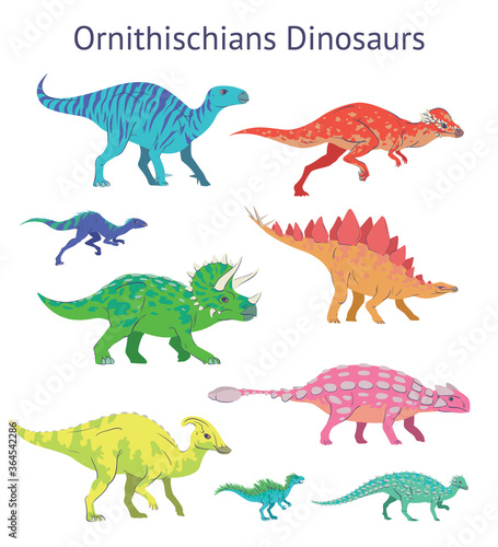Colorful vector illustration of ornithischian dinosaurs isolated on white background. Side view. Set of dinosaurs. Ornithischia. Proportional dimensions. Element for your desing  blog  journal.
