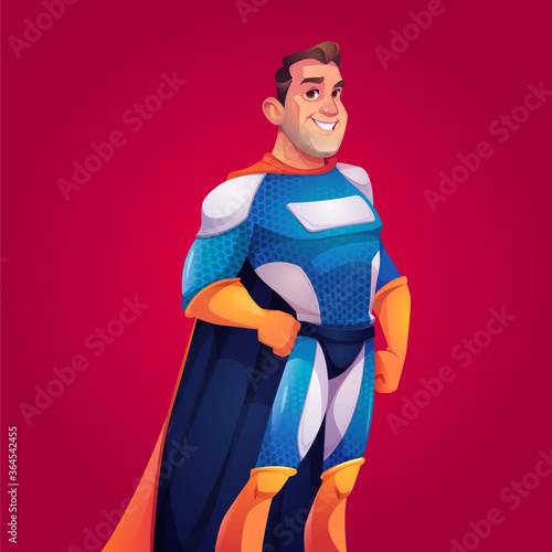 Superhero in blue costume with cape. Vector cartoon poster with strong man with muscular figure in brave pose. Comic illustration of character in super hero suit with cloak