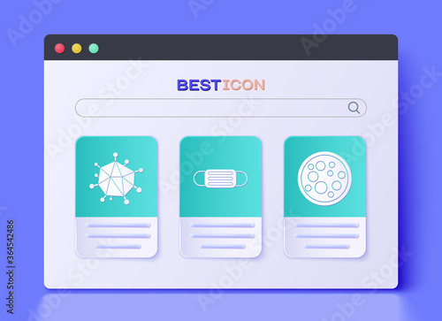 Set Medical protective mask, Virus and Virus icon. Vector.