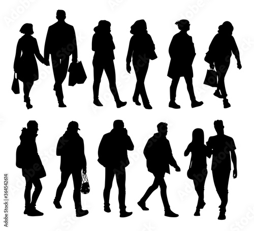Set of young and adult men and women standing and walking. Monochrome vector illustration of silhouettes of people in different poses. Stencil. Black silhouettes isolated on white background.