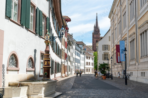 view of the historic old city center in downtown Basel with the cathedral in the background